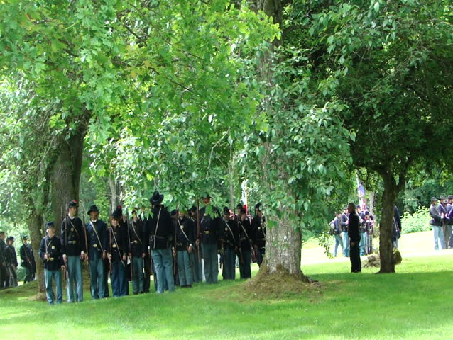 PORT GAMBLE, WA - JUN 20: Civil War reenactors participate in a scene depicting Union infantry line wheels in place, as other columns approach on June 20, 2009 in Port Gamble, WA. 