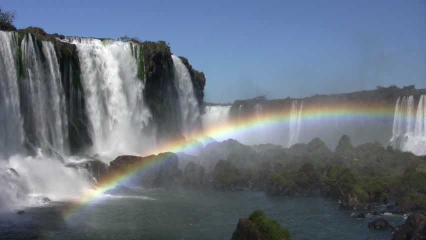 Iguazu side fall (Salto Floriano), beautiful rainbow in water spray; Brazil (HDV 1080i native, Can. HV30).