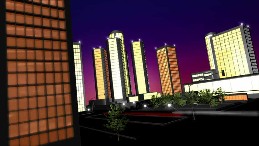 Street scene fly through at dusk. Cartoony stylised effect. Car light streaks visible. Cityscape. Note preview appears darker than actual footage.