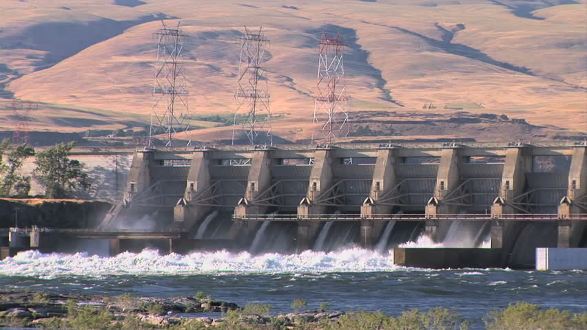 Columbia river rushing through the Dalles hydroelectric dam