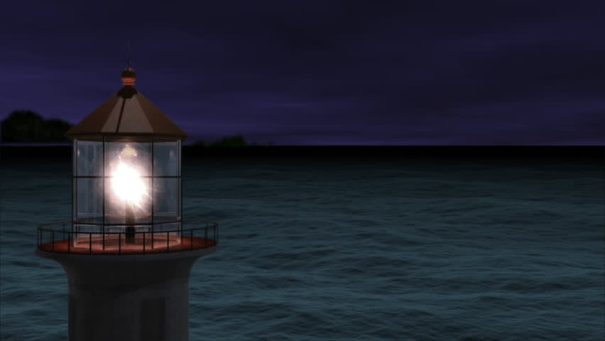 Working lighthouse shining brightly over dark stormy sea. 