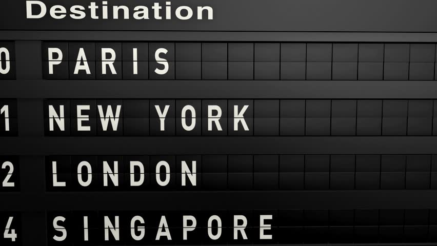 a animation about airport and schedule, on a old style billboard