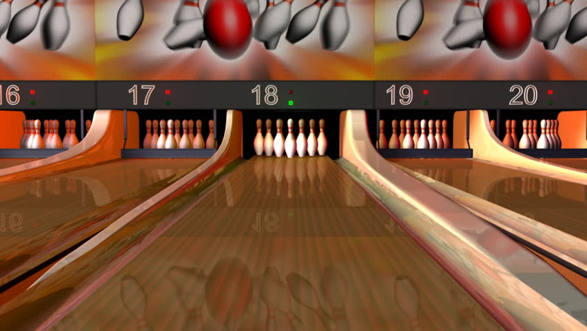 A seamlessly loopable 3D animation of a bowling alley. The ball makes a strike, then the sweep removes fallen pins. They are reset by the pinsetter and the process can repeat.
