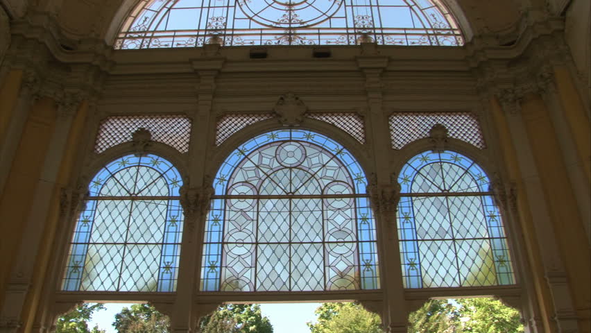 Interior of pseudo-baroque cast iron unique City Colonnade in Marianske Lazne (West Bohemia, Czech). Spinning. Loop ready.