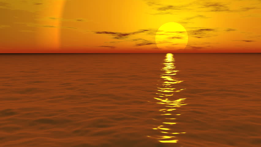 Seamless loop of red and yellow ocean and sky scape. Clouds move quickly above moderately rolling ocean waves.