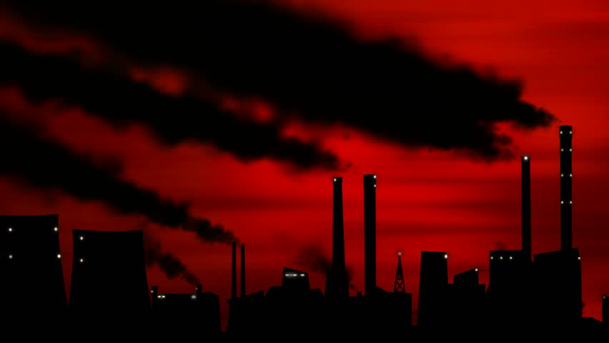 Looping smoke polluting factories on red sky. Toxic smoke producing industry.  Smooth looping animation full high definition rendered at thirty progressive frames a second. 
