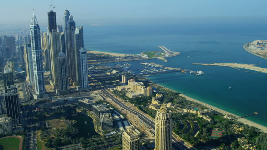 Aerial view Dubai city coastline, Media city skyscrapers, Dubai, UAE, RED EPIC, 4K, UHD, Ultra HD resolution