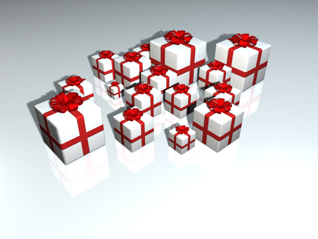 Christmas Footage 02 (Spanish): Growing Christmas Boxes - Christmas greeting card with growing boxes on the white background and with growing text "Feliz Navidad".