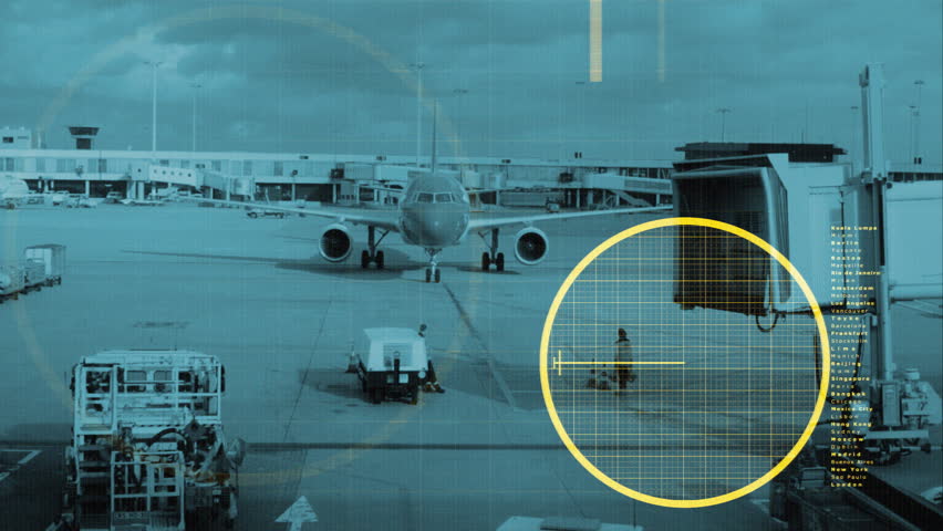 a plane arrives at its docking in zurich airport, with overlayed aviation related motion graphics