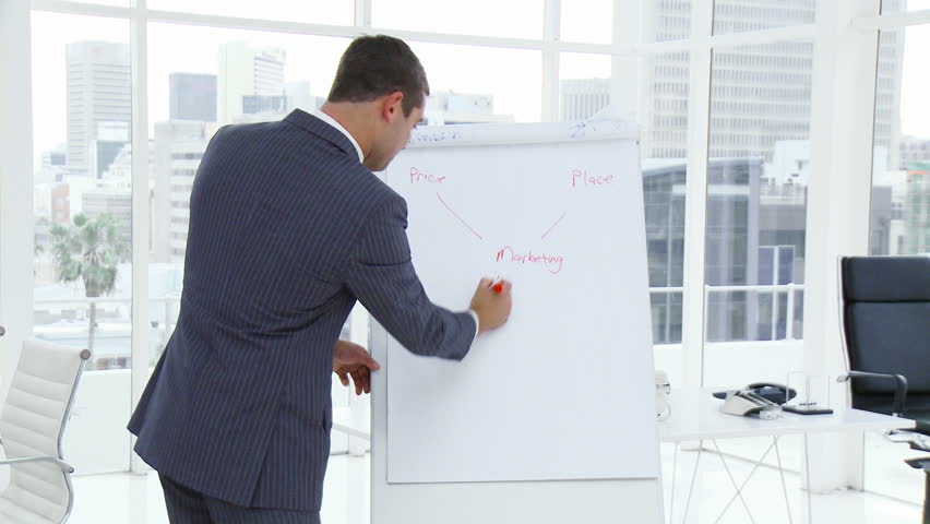 Businessman writing in a whiteboard a business plan