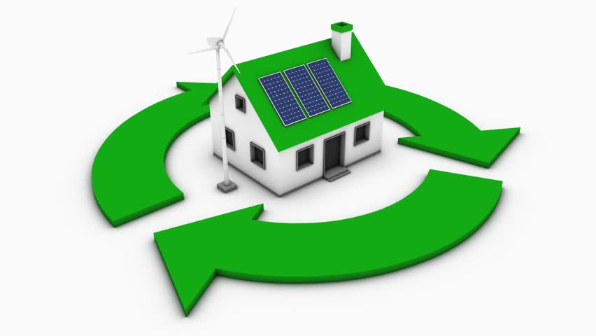Seamless looping high definition video of the recycling symbol rotating around a house benefiting from green energy. 