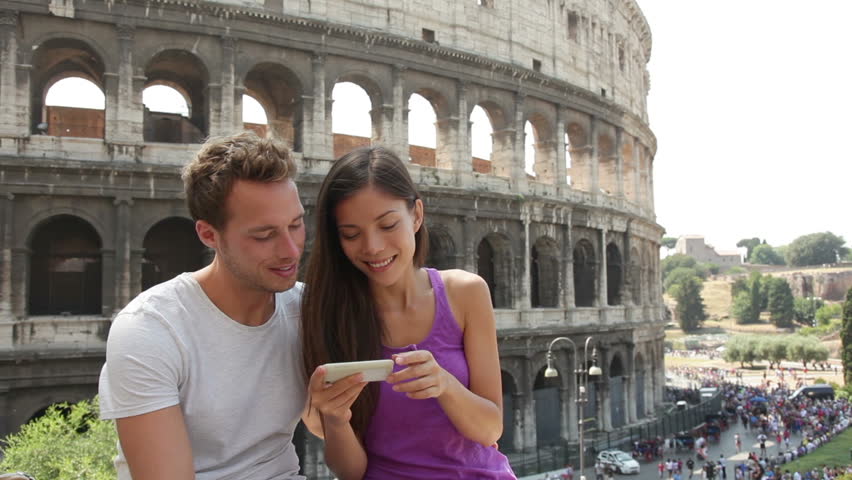 Tourist Couple On Travel Taking Selfie Selfportrait Pictures By