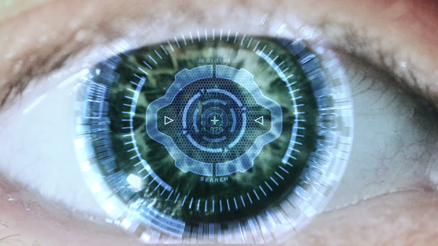 Cybernetic brain. Zooming through eye.