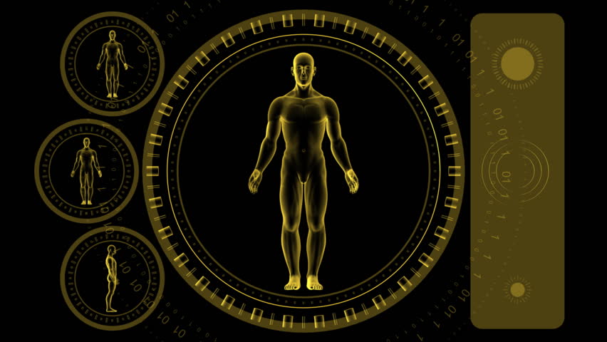 Man Scan Screen - Hi-tech 07 (HD) - 3D animation. Medical, scientific, sci-fi, crime or hi-tech background. Screen with spinning man body and rings. Alpha included. Loop.