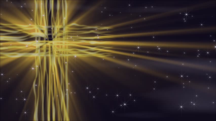 HD Seamless Loop-golden yellow cross of slowly flowing and glowing lines with light rays and particle emanating forth.