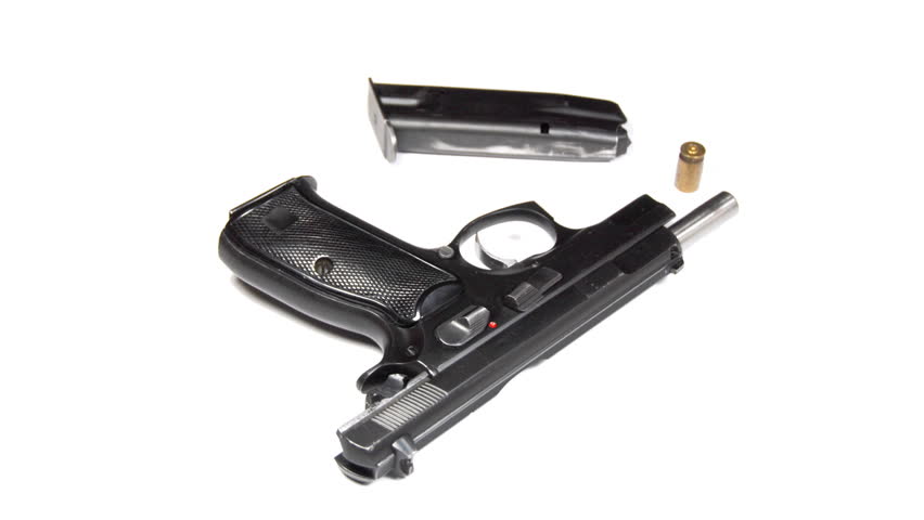 real 3D unloaded pistol, magazine and bullet isolated on white