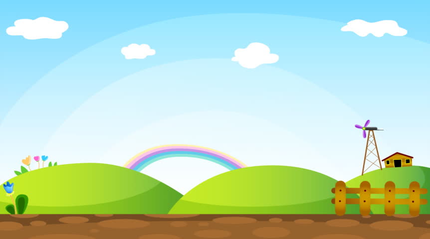 An easter bunny throwing easter eggs around on a happy farm. Hopping from right to left. An airplane flew by on the background. NTSC Loop. 