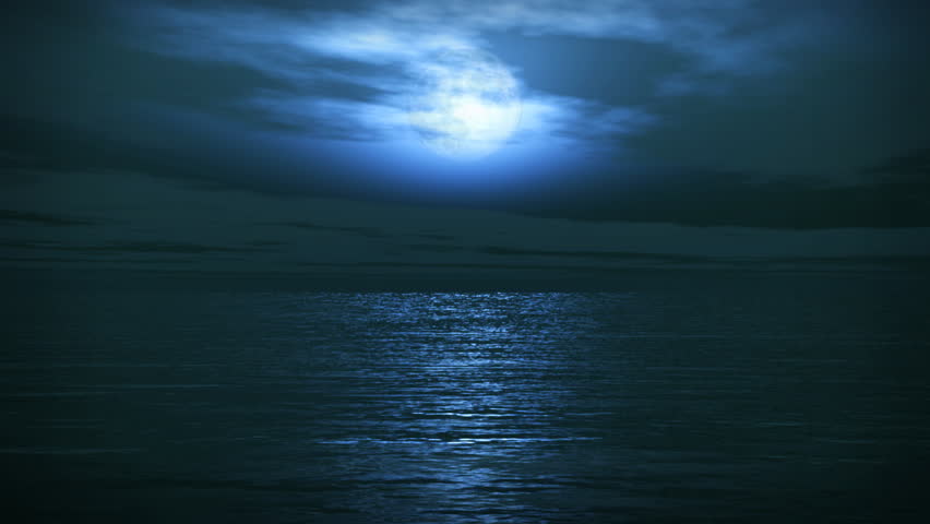 (1162) Blue Full Moon Tropical Ocean Waves Romantic Night Travel -  Great for themes of travel, cruising, nature, environment, romance, fantasy, backgrounds. Loops well with a simple fade.