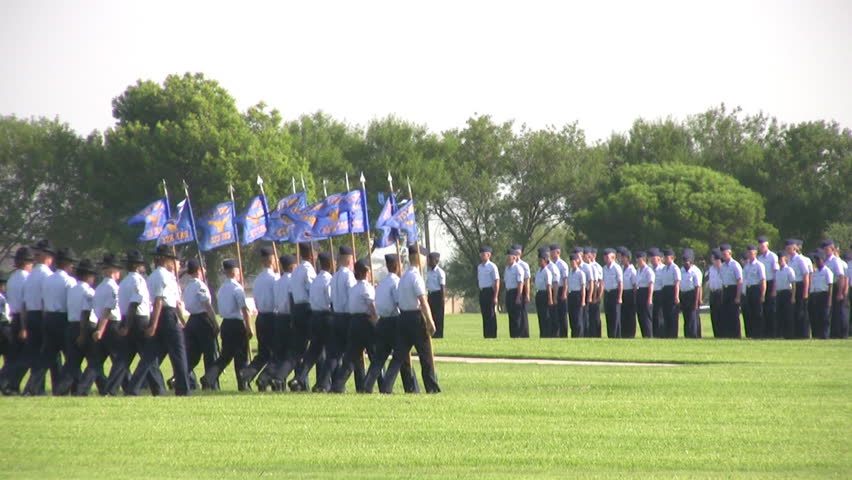 Video of USAF enlisted Basic Training Drill sergeants returning to formation after reporting to officers. Lackland AFB San Antonio, Texas. 