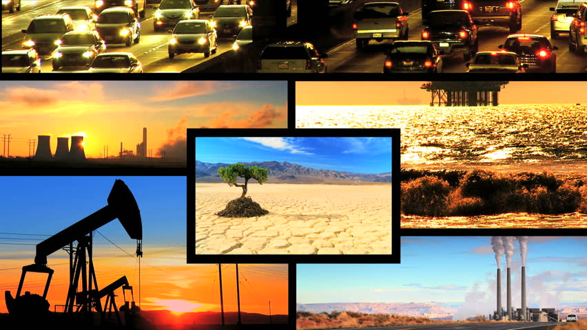 Montage collection of images showing fossil fuel production & environmental pollution