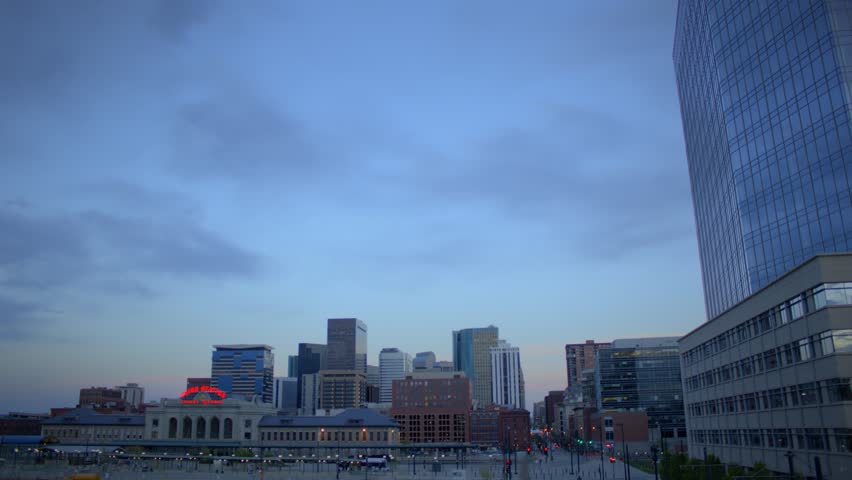 (1189) Downtown City Sunset Buildings Skyline Train Station Commuters, HDR video!