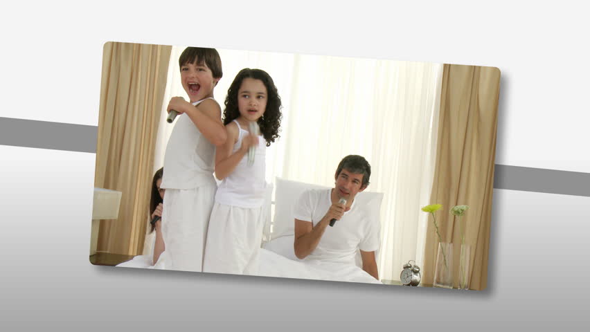 Montage presenting jolly families relaxing at home 