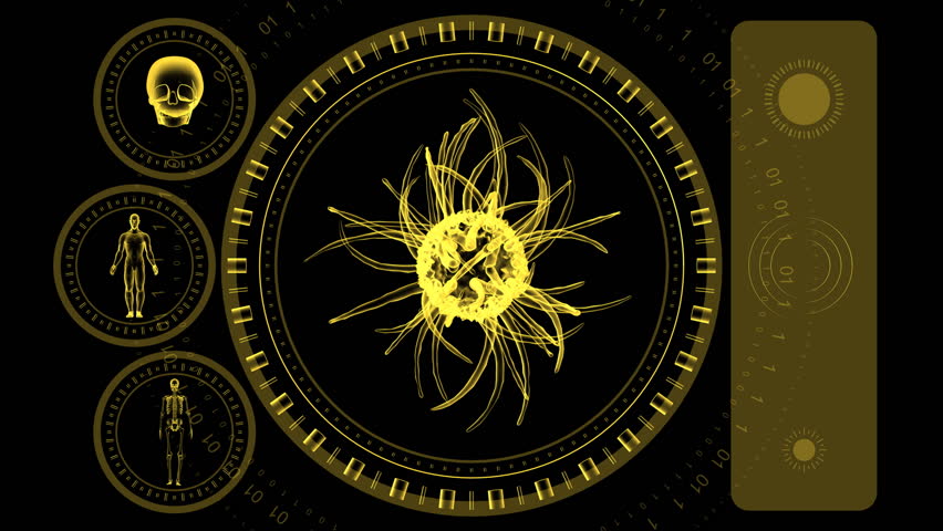 Virus Scan Screen - Hi-tech 20 (HD) - 3D animation. Medical, scientific, crime or hi-tech background. Screen with spinning virus or cell and spinning rings. Loop.