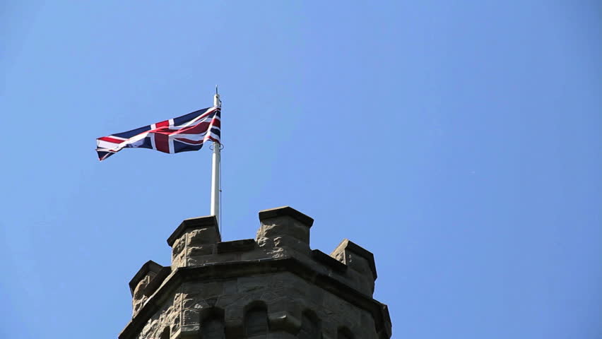 Union Jack (British Flag) flies from castle tower