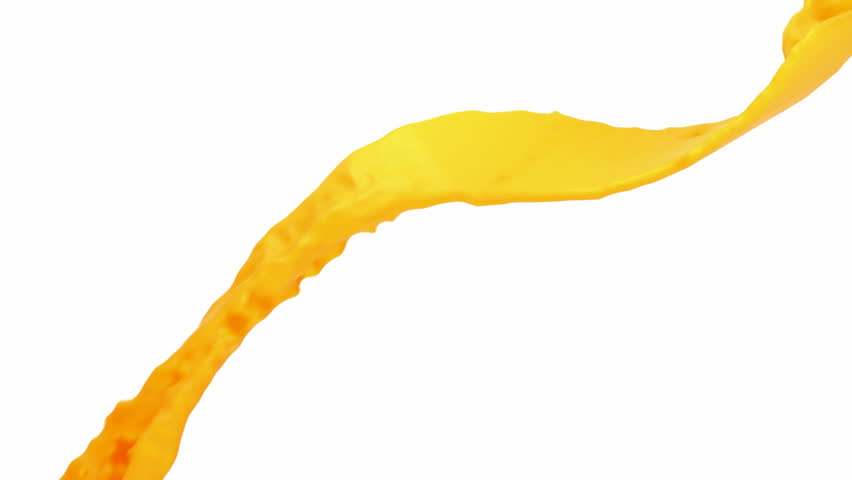 Fresh orange juice flow with slow motion over white