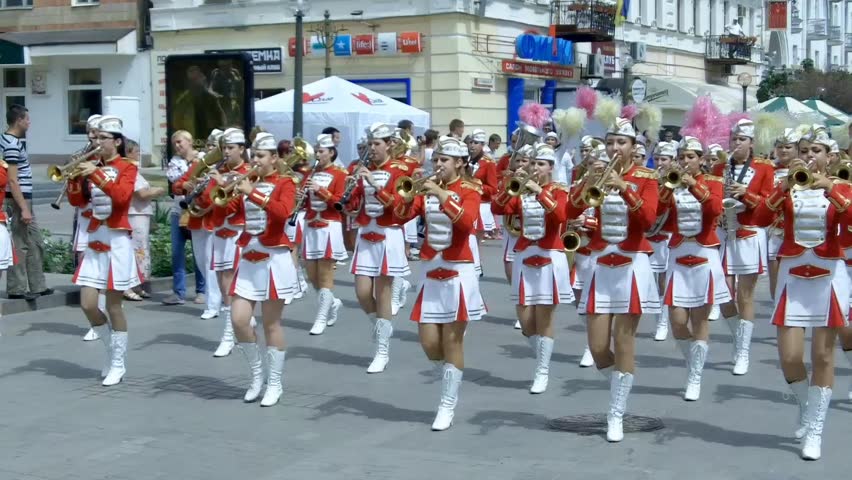 SUMY - JUNE 28: Female Brass Band  performance at celebration of the Constitution of Ukraine on June 28, 2010 in Sumy, Ukraine