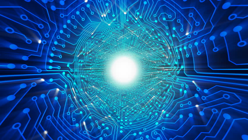 Flight through a information data stream. Electrical particles flowing continuously to the main processor on a circuit board. Shiny effect with rays. Tracking shot. CG 3D-Animation in HD 1080p.