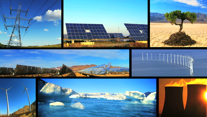 Montage collection of images showing fossil fuel, environmental damage & clean renewable & sustainable energy sources