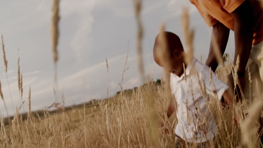 A father and son play in a wheat field on a sunny day.