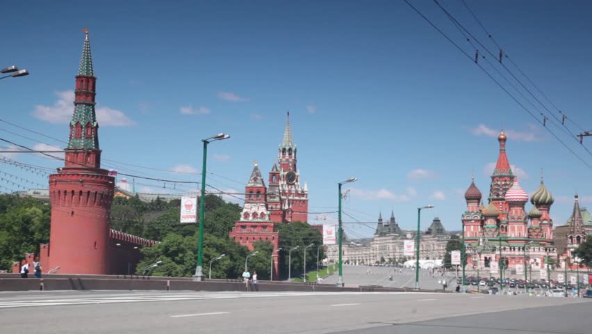 The Cathedral of Intercession of Theotokos on Moat, popularly known as Saint Basil's Cathedral, GUM, Moscow Kremlin towers in Red Square