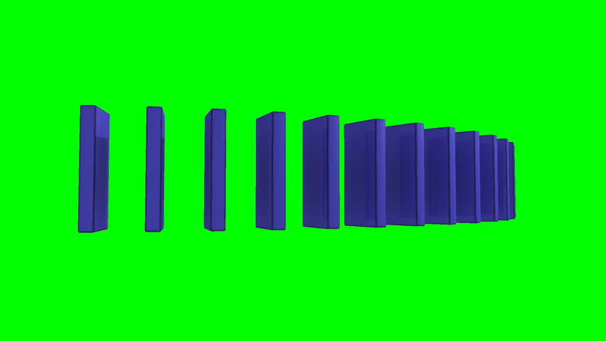 3D blue dominoes falling against a green background 