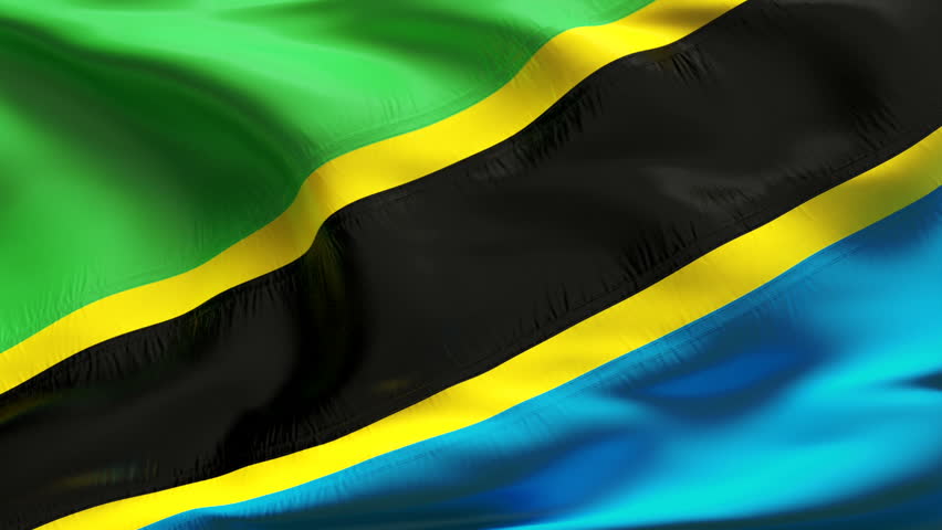 Creased Tanzania cotton flag with visible stitch and seams in slow motion