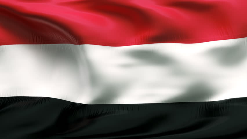 Creased Yemen cotton flag with visible stitch and seams in slow motion