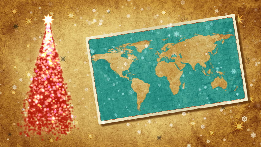 Red Christmas tree and map of World on the postcard.Retro style.