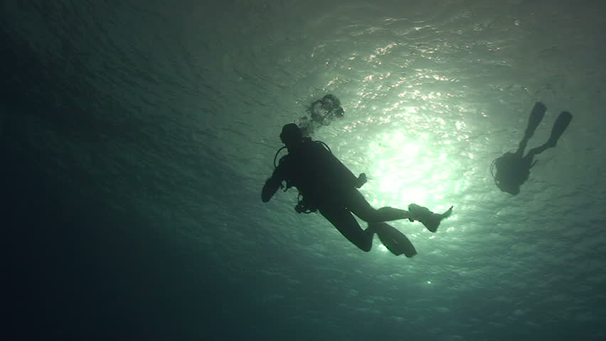 Scuba diver turning on to back and signaling OK