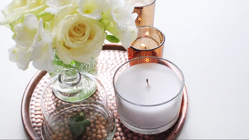 Bouquet Of White Flowers In A Vase, Candles On A Copper Tray Vintage ... Bouquet Of White Flowers In A Vase, Candles On A Copper Tray Vintage ...