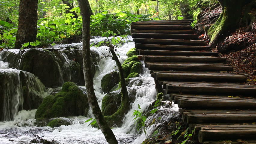 Wooden footpath in the forest along the mountain stream