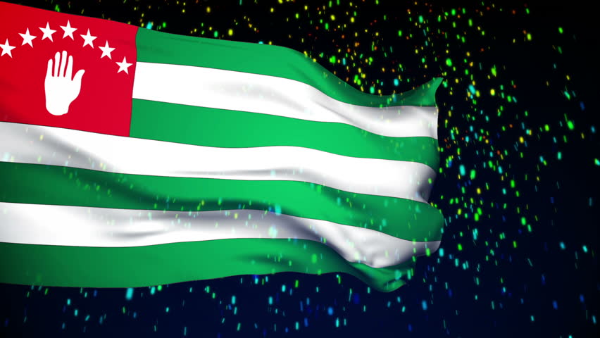 Abkhazia Flag slowly waving in the wind. Silk material. Fairy snow night. Seamless, 8 seconds long loop.