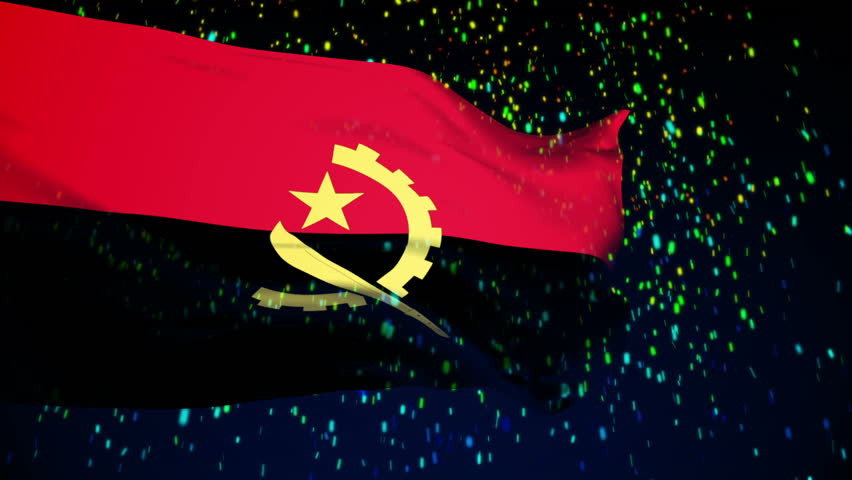 Angola Flag slowly waving in the wind. Silk material. Fairy snow night. Seamless, 8 seconds long loop.