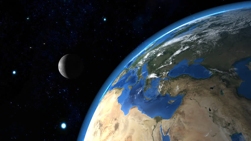 Beautiful photo-realistic Earth With the Moon and starry space  in the Background, Flyby over Europe,  Middle East and north Africa.