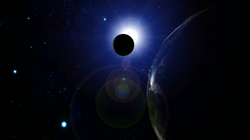 Fantasy sunrise and moon eclipse. High quality textures. With shiny lighting effects, flare, stars, clouds and atmosphere.