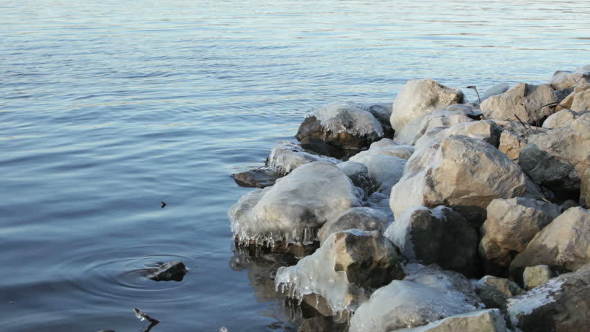 Lake water turns to ice on the rocks along Lake Pepin in wintry Minnesota.