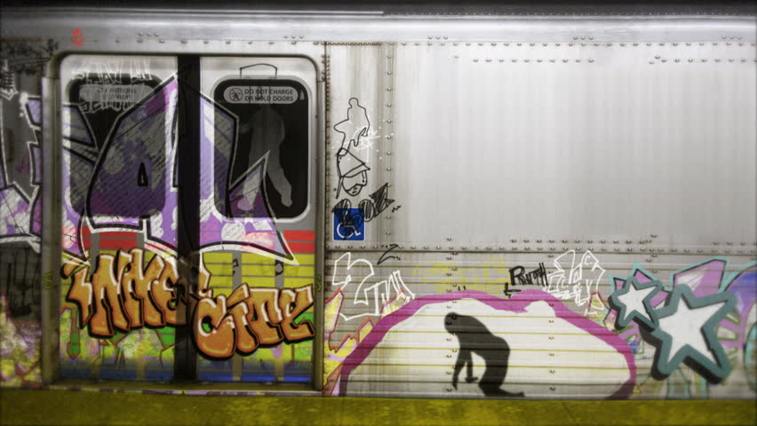 Animated moving graffiti on a subway car with space for text or titles. This is a perfect backdrop for a funky intro tiles or hip hop scene.