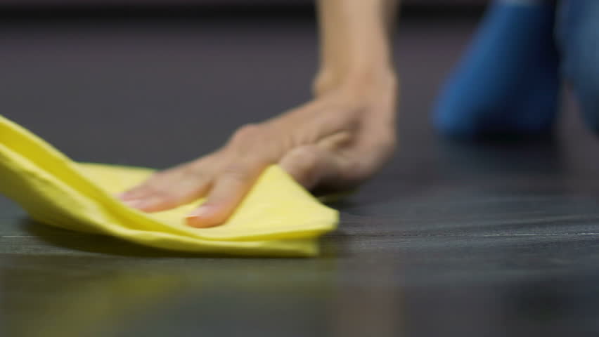 Maid Removing Stains From Laminate Floor With Help Of Special