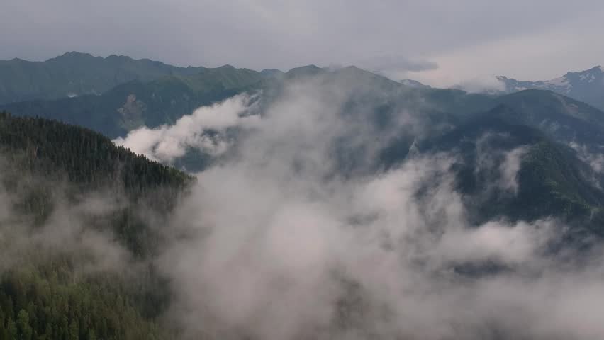 Mountain landscape with forest and clouds and fog in New Zealand image ...