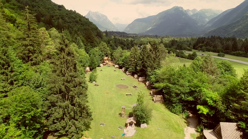 4k00 29aerial View Of Summer Camp With Small Camping Cabins And